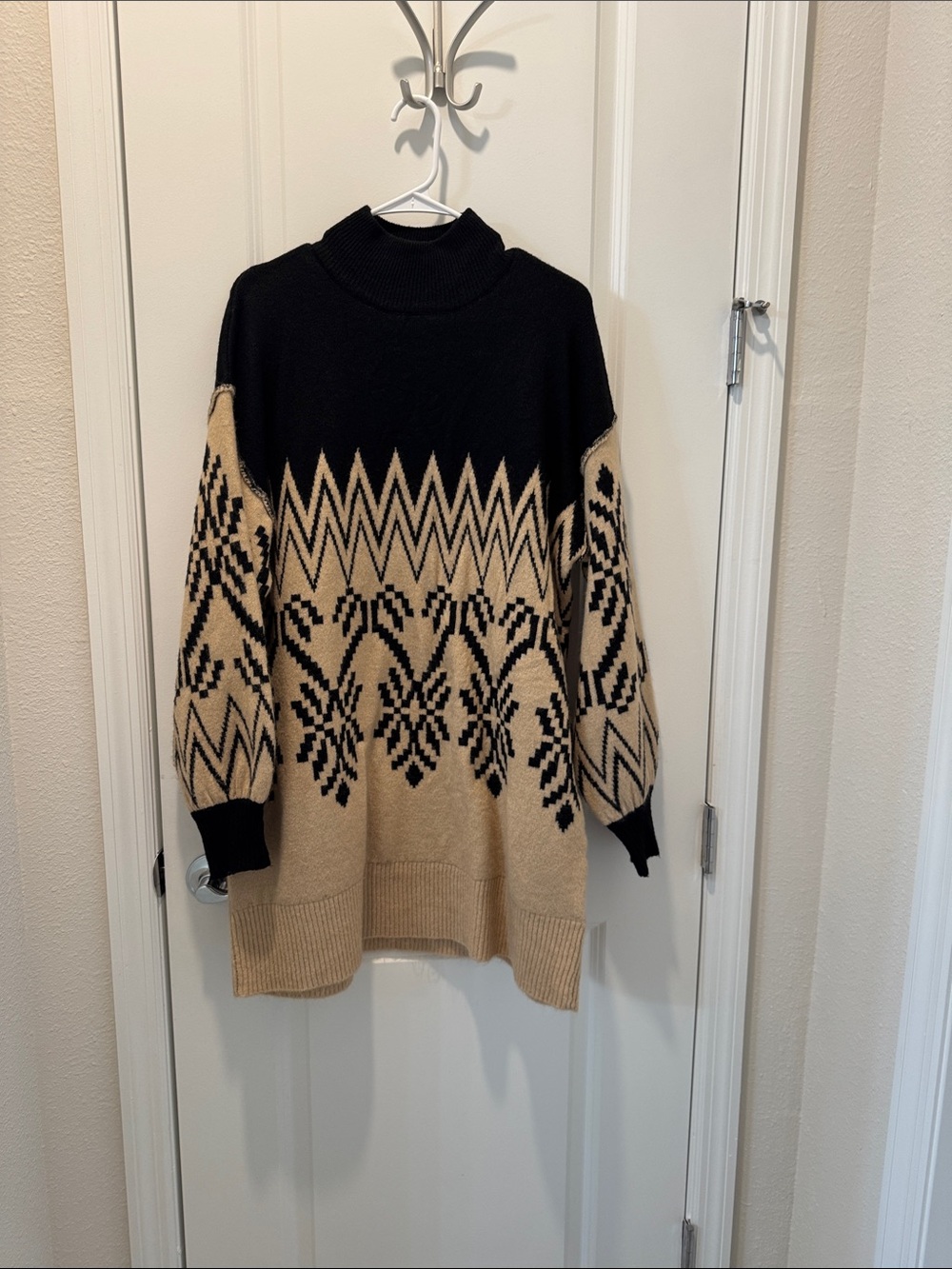 Vici Black and Beige Fair Isle Turtleneck Sweater Dress